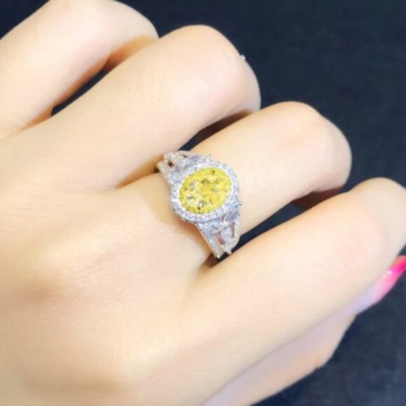 ▶Noble Hollow Beautiful Oval Crystal Royal Yellow CZ Silver Ring for Women, L073 - Picture 9 of 9